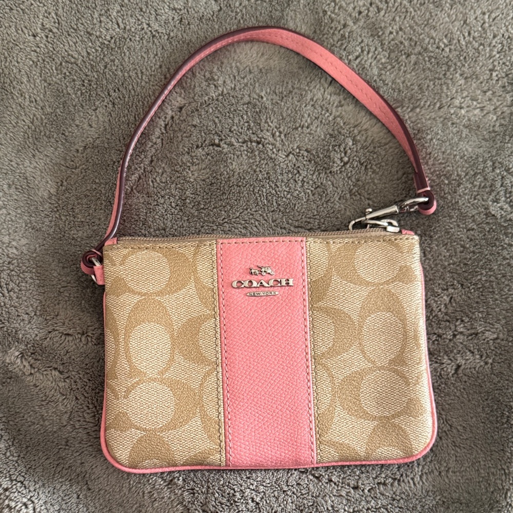 Coach Signature Pink and Tan Wristlet